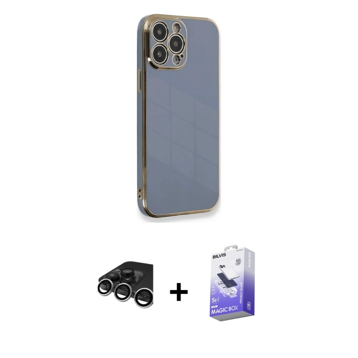 MARSİLYAN™- iPhone 15 Pro Kılıf Yankı Serisi - Siyah Bilvis 5in1 5D Magic Hayalet Cam Ekran Koruyucu + Raze Metal Kamera Lens - GS
