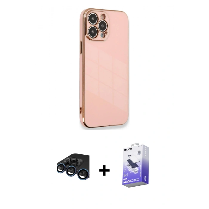MARSİLYAN™- iPhone 15 Pro Kılıf Yankı Serisi - Siyah Bilvis 5in1 5D Magic Hayalet Cam Ekran Koruyucu + Raze Metal Kamera Lens - LT