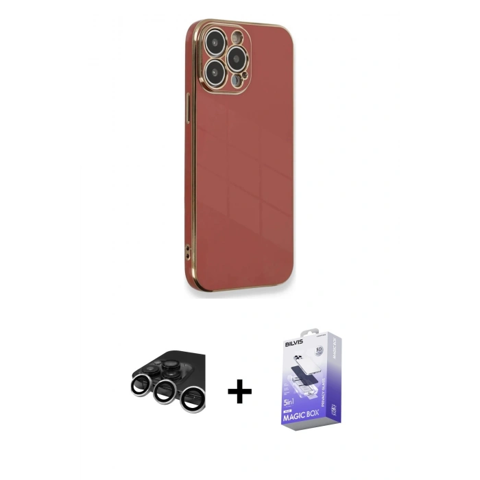 MARSİLYAN™- iPhone 15 Pro Kılıf Yankı Serisi - Siyah Bilvis 5in1 5D Magic Hayalet Cam Ekran Koruyucu + Raze Metal Kamera Lens - GS