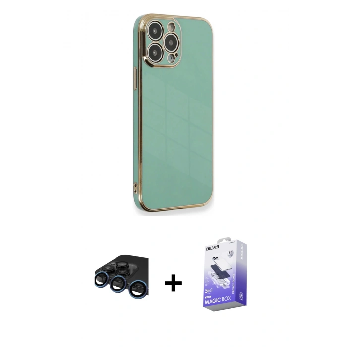 MARSİLYAN™- iPhone 15 Pro Kılıf Yankı Serisi - Siyah Bilvis 5in1 5D Magic Hayalet Cam Ekran Koruyucu + Raze Metal Kamera Lens - LT