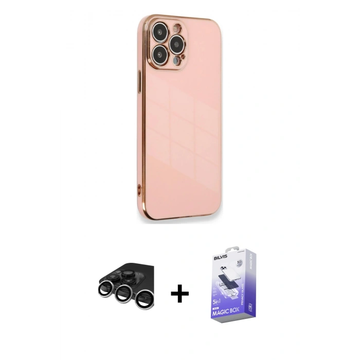 MARSİLYAN™- iPhone 15 Pro Kılıf Yankı Serisi - Siyah Bilvis 5in1 5D Magic Hayalet Cam Ekran Koruyucu + Raze Metal Kamera Lens - GS