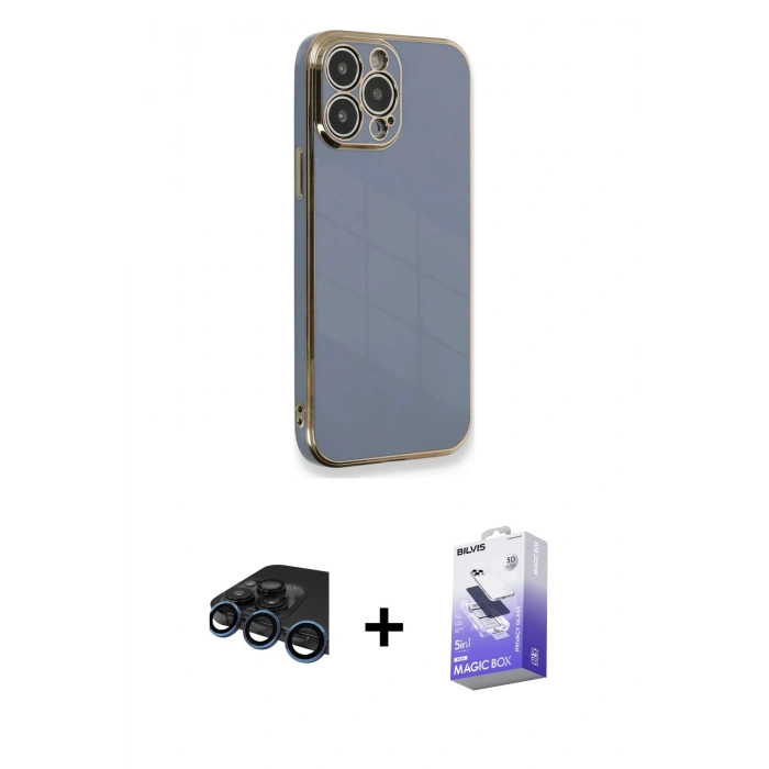 MARSİLYAN™- iPhone 15 Pro Kılıf Yankı Serisi - Siyah Bilvis 5in1 5D Magic Hayalet Cam Ekran Koruyucu + Raze Metal Kamera Lens - LT