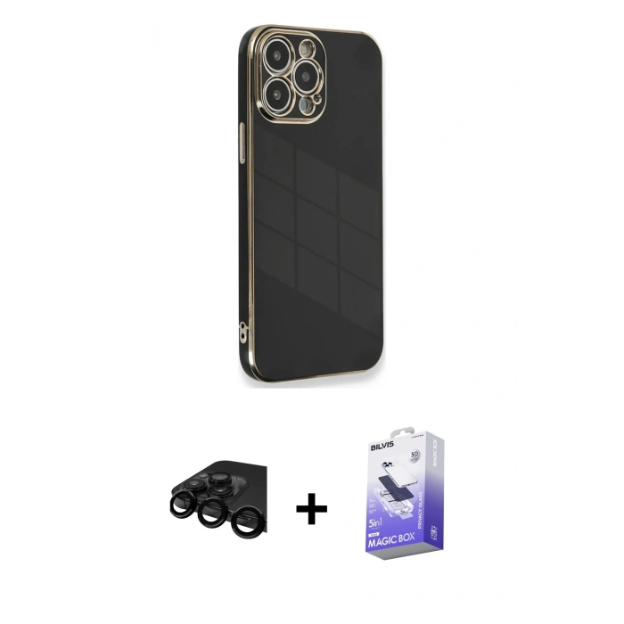MARSİLYAN™- iPhone 15 Pro Kılıf Yankı Serisi - Siyah Bilvis 5in1 5D Magic Hayalet Cam Ekran Koruyucu + Siyah Raze Metal Kamera Lens