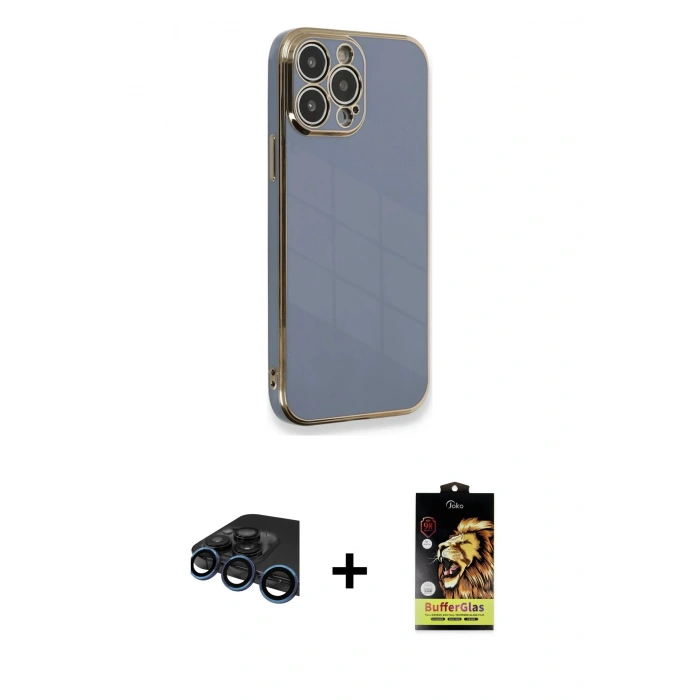 MARSİLYAN™- iPhone 15 Pro Kılıf Yankı Serisi - Siyah Buffer Cam Ekran Koruyucu + Raze Metal Kamera Lens - LT