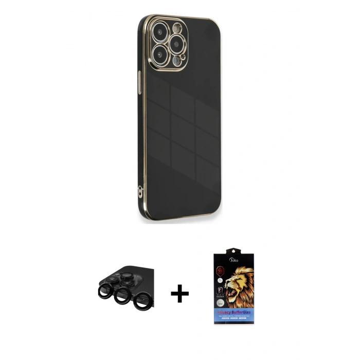 MARSİLYAN™- iPhone 15 Pro Kılıf Yankı Serisi - Siyah Buffer Hayalet Cam Ekran Koruyucu + Raze Metal Kamera Lens - SH