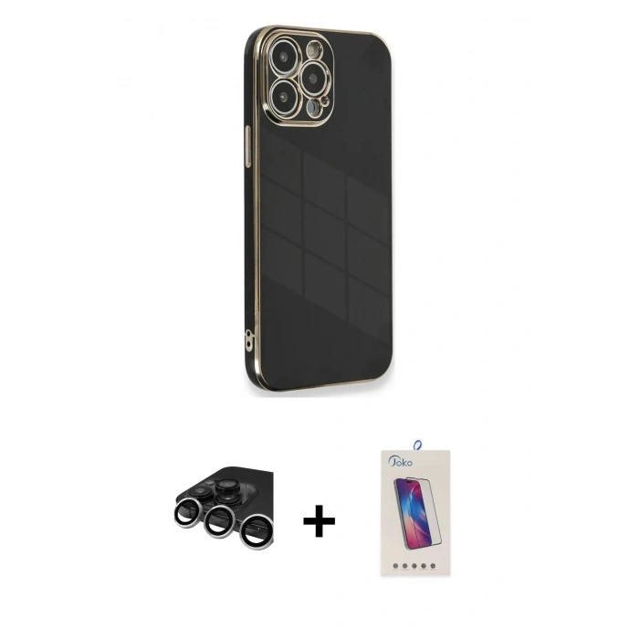 MARSİLYAN™- iPhone 15 Pro Kılıf Yankı Serisi - Siyah Joko 5D Cam + Raze Metal Kamera Lens - GS