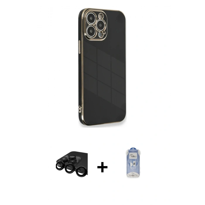 MARSİLYAN™- iPhone 15 Pro Kılıf Yankı Serisi - Siyah Joko Magic 5D Cam + Raze Metal Kamera Lens - SH