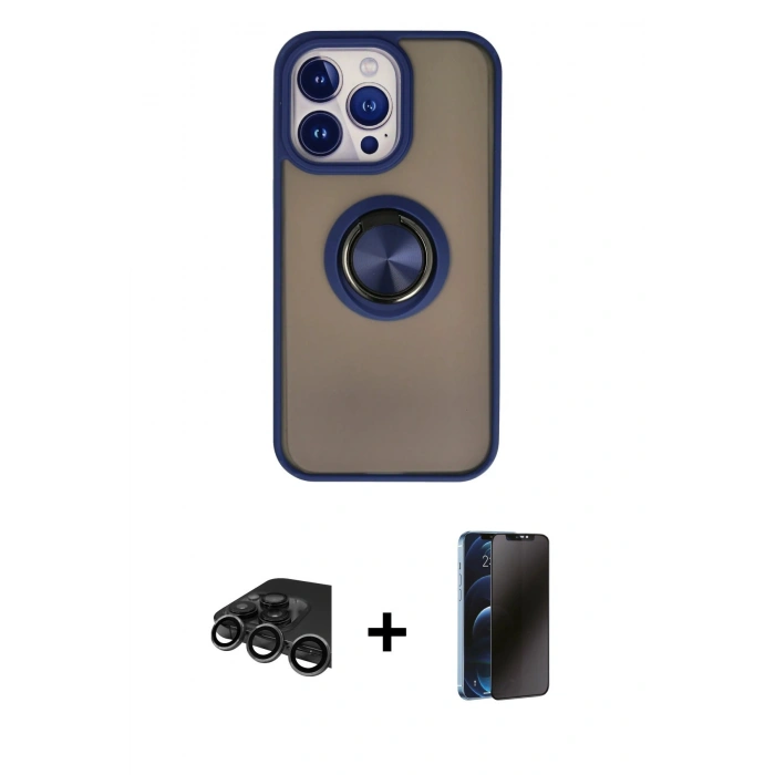 MARSİLYAN™- iPhone 15 Pro Kılıf Yörünge Çizgi - Siyah 3D Antistatik Hayalet Cam Ekran Koruyucu + Raze Metal Kamera Lens - TMGI