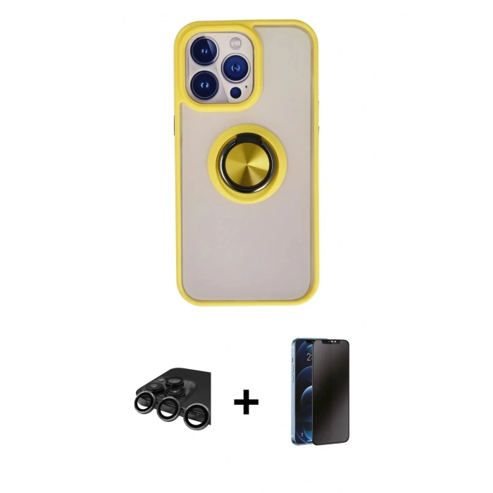 MARSİLYAN™- iPhone 15 Pro Kılıf Yörünge Çizgi - Siyah 3D Antistatik Hayalet Cam Ekran Koruyucu + Raze Metal Kamera Lens - TMGI