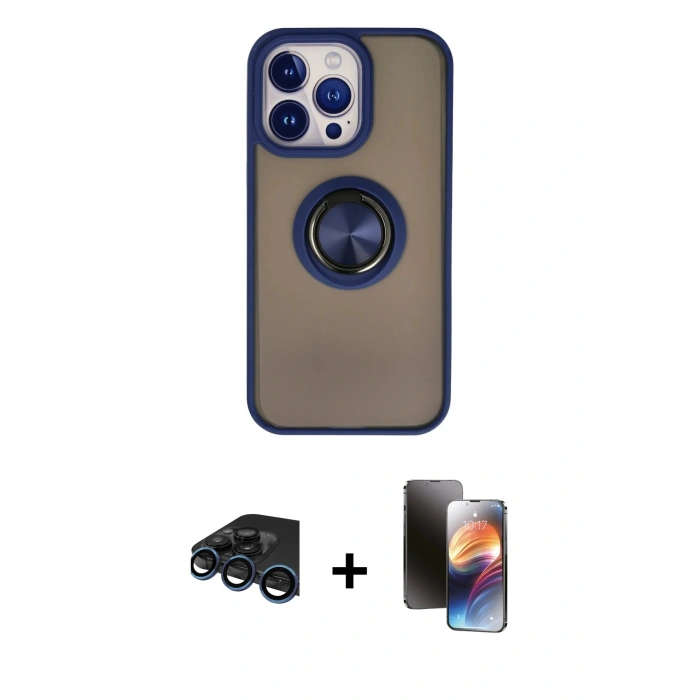 MARSİLYAN™- iPhone 15 Pro Kılıf Yörünge Çizgi - Siyah 3D Antistatik Mat Seramik Nano Ekran Koruyucu + Raze Metal Kamera Lens - LT