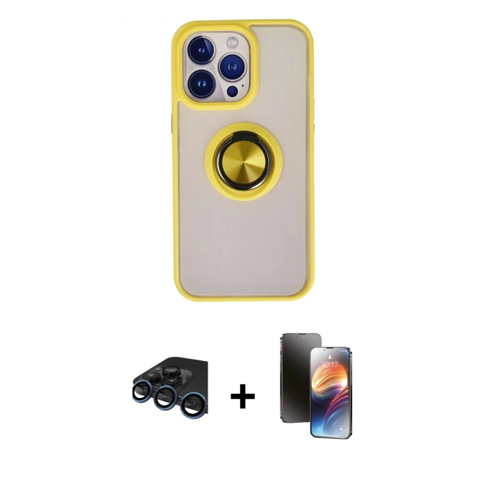 MARSİLYAN™- iPhone 15 Pro Kılıf Yörünge Çizgi - Siyah 3D Antistatik Mat Seramik Nano Ekran Koruyucu + Raze Metal Kamera Lens - LT