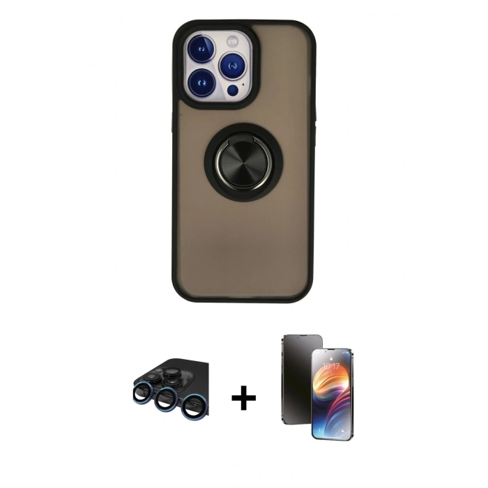 MARSİLYAN™- iPhone 15 Pro Kılıf Yörünge Çizgi - Siyah 3D Antistatik Mat Seramik Nano Ekran Koruyucu + Raze Metal Kamera Lens - LT