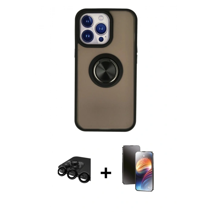 MARSİLYAN™- iPhone 15 Pro Kılıf Yörünge Çizgi - Siyah 3D Antistatik Mat Seramik Nano Ekran Koruyucu + Raze Metal Kamera Lens - SH