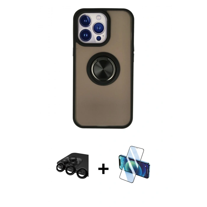 MARSİLYAN™- iPhone 15 Pro Kılıf Yörünge Çizgi - Siyah 3D Antistatik Seramik Nano Ekran Koruyucu + Raze Metal Kamera Lens - SH