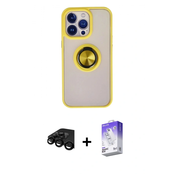 MARSİLYAN™- iPhone 15 Pro Kılıf Yörünge Çizgi - Siyah Bilvis 5in1 3D Magic Cam Ekran Koruyucu + Raze Metal Kamera Lens - SH