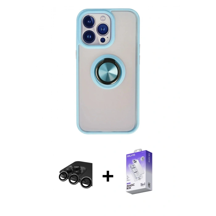 MARSİLYAN™- iPhone 15 Pro Kılıf Yörünge Çizgi - Siyah Bilvis 5in1 3D Magic Cam Ekran Koruyucu + Raze Metal Kamera Lens - TMGI