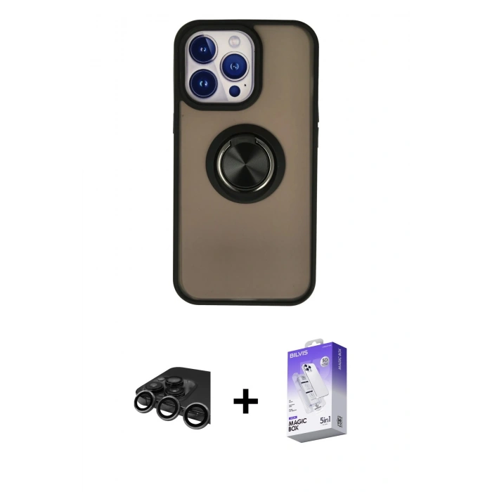 MARSİLYAN™- iPhone 15 Pro Kılıf Yörünge Çizgi - Siyah Bilvis 5in1 3D Magic Cam Ekran Koruyucu + Raze Metal Kamera Lens - TMGI