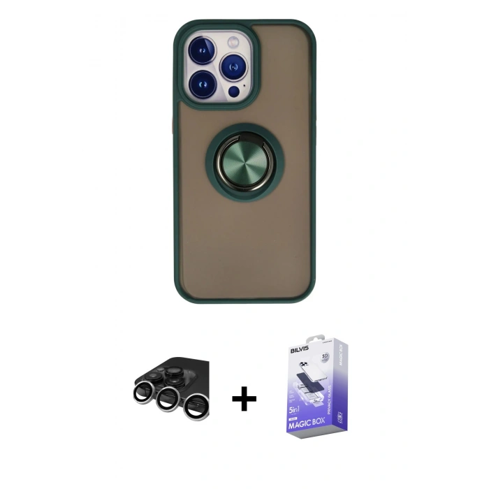MARSİLYAN™- iPhone 15 Pro Kılıf Yörünge Çizgi - Siyah Bilvis 5in1 5D Magic Hayalet Cam Ekran Koruyucu + Raze Metal Kamera Lens - GS