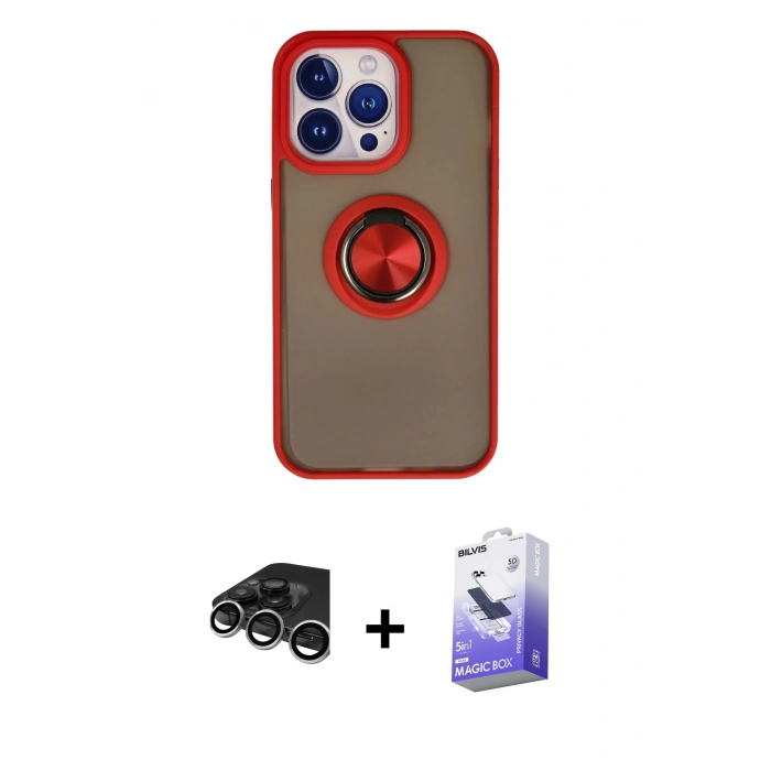 MARSİLYAN™- iPhone 15 Pro Kılıf Yörünge Çizgi - Siyah Bilvis 5in1 5D Magic Hayalet Cam Ekran Koruyucu + Raze Metal Kamera Lens - GS