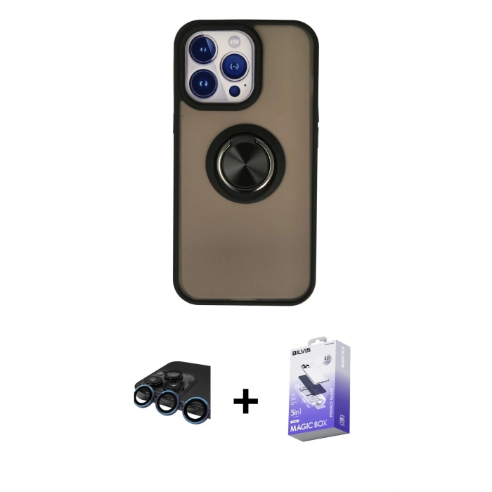MARSİLYAN™- iPhone 15 Pro Kılıf Yörünge Çizgi - Siyah Bilvis 5in1 5D Magic Hayalet Cam Ekran Koruyucu + Raze Metal Kamera Lens - LT