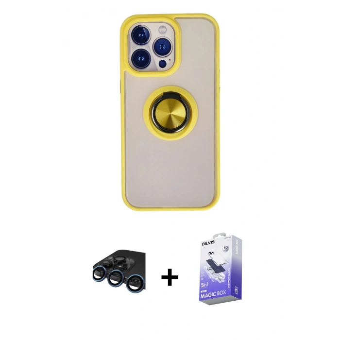 MARSİLYAN™- iPhone 15 Pro Kılıf Yörünge Çizgi - Siyah Bilvis 5in1 5D Magic Hayalet Cam Ekran Koruyucu + Raze Metal Kamera Lens - LT