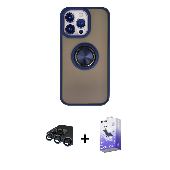 MARSİLYAN™- iPhone 15 Pro Kılıf Yörünge Çizgi - Siyah Bilvis 5in1 5D Magic Hayalet Cam Ekran Koruyucu + Raze Metal Kamera Lens - LT