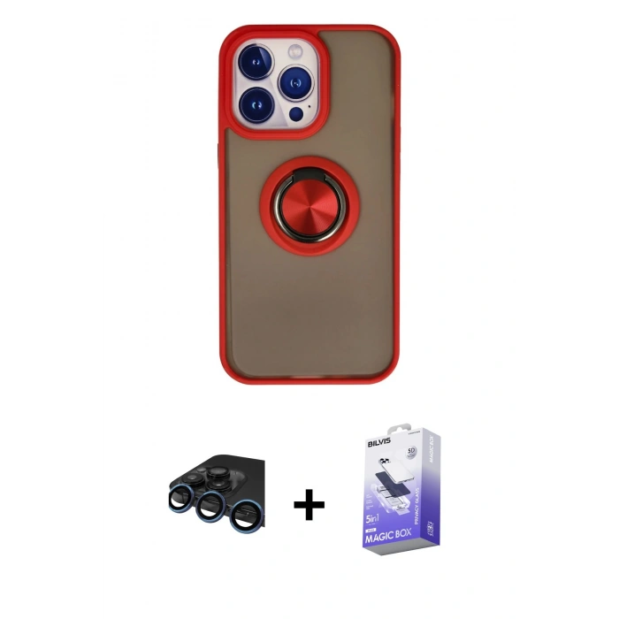MARSİLYAN™- iPhone 15 Pro Kılıf Yörünge Çizgi - Siyah Bilvis 5in1 5D Magic Hayalet Cam Ekran Koruyucu + Raze Metal Kamera Lens - LT