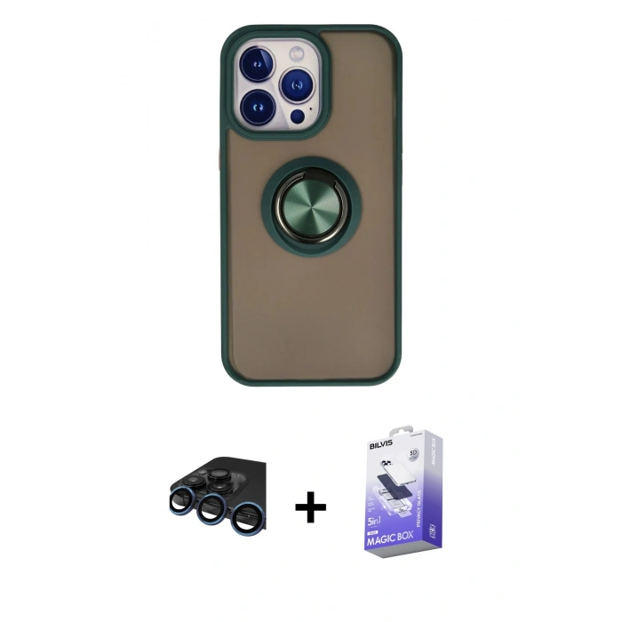 MARSİLYAN™- iPhone 15 Pro Kılıf Yörünge Çizgi - Siyah Bilvis 5in1 5D Magic Hayalet Cam Ekran Koruyucu + Raze Metal Kamera Lens - LT
