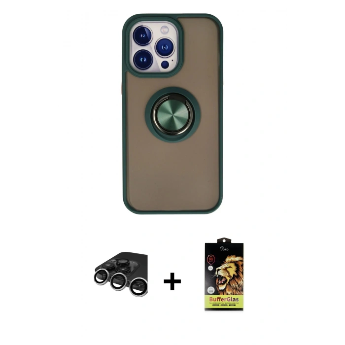 MARSİLYAN™- iPhone 15 Pro Kılıf Yörünge Çizgi - Siyah Buffer Cam Ekran Koruyucu + Raze Metal Kamera Lens - GS