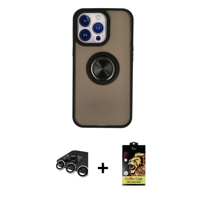 MARSİLYAN™- iPhone 15 Pro Kılıf Yörünge Çizgi - Siyah Buffer Cam Ekran Koruyucu + Raze Metal Kamera Lens - GS