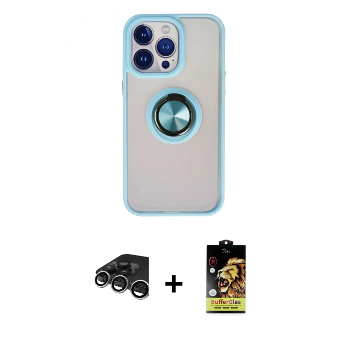 MARSİLYAN™- iPhone 15 Pro Kılıf Yörünge Çizgi - Siyah Buffer Cam Ekran Koruyucu + Raze Metal Kamera Lens - GS