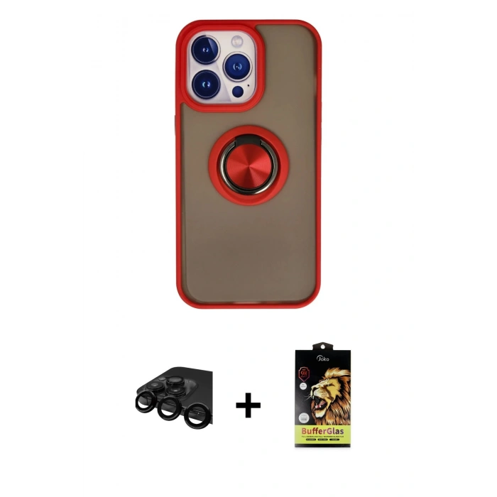 MARSİLYAN™- iPhone 15 Pro Kılıf Yörünge Çizgi - Siyah Buffer Cam Ekran Koruyucu + Raze Metal Kamera Lens - SH