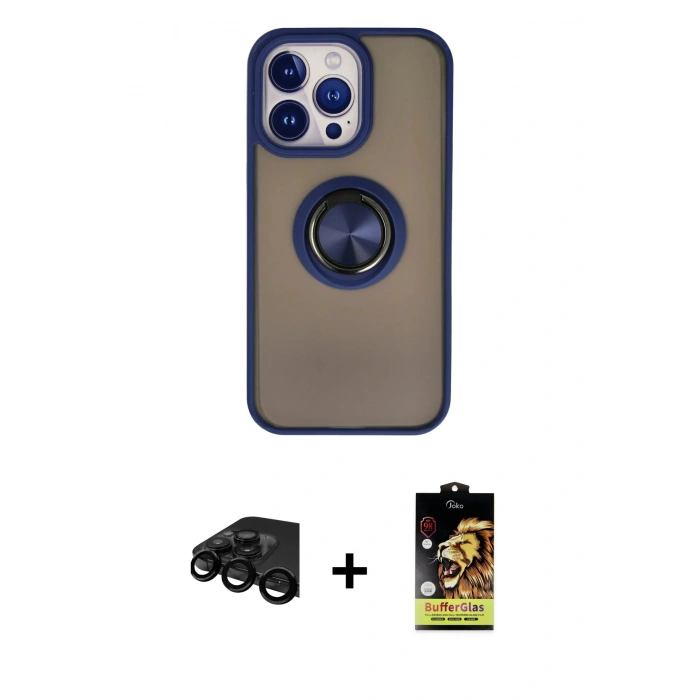 MARSİLYAN™- iPhone 15 Pro Kılıf Yörünge Çizgi - Siyah Buffer Cam Ekran Koruyucu + Raze Metal Kamera Lens - SH