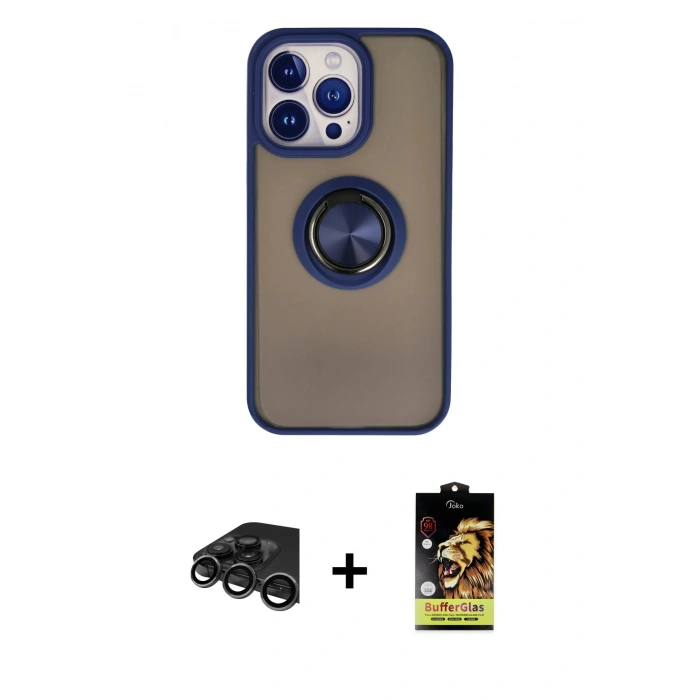 MARSİLYAN™- iPhone 15 Pro Kılıf Yörünge Çizgi - Siyah Buffer Cam Ekran Koruyucu + Raze Metal Kamera Lens - TMGI