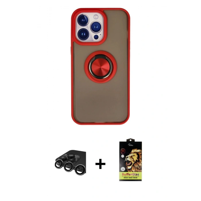 MARSİLYAN™- iPhone 15 Pro Kılıf Yörünge Çizgi - Siyah Buffer Cam Ekran Koruyucu + Raze Metal Kamera Lens - TMGI