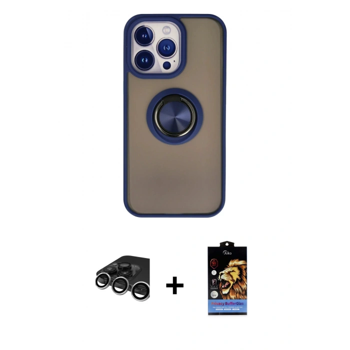 MARSİLYAN™- iPhone 15 Pro Kılıf Yörünge Çizgi - Siyah Buffer Hayalet Cam Ekran Koruyucu + Raze Metal Kamera Lens - GS