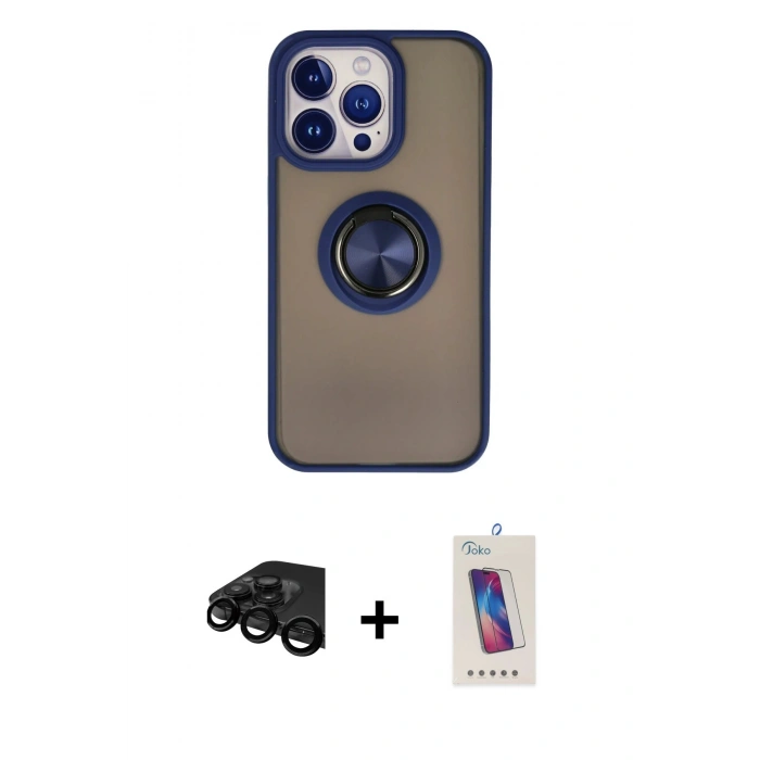 MARSİLYAN™- iPhone 15 Pro Kılıf Yörünge Çizgi - Siyah Joko 5D Cam + Raze Metal Kamera Lens - SH
