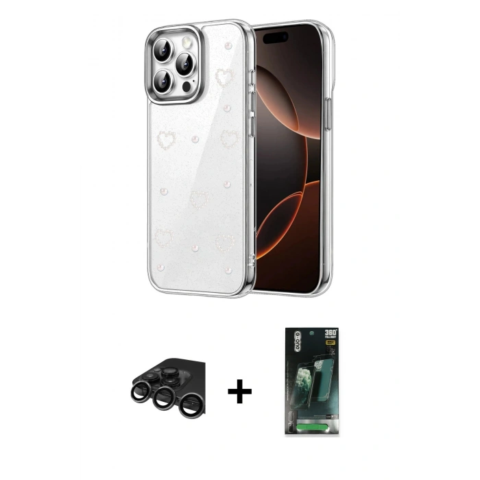 MARSİLYAN™- iPhone 15 Pro Kılıf Yörünge Form - Şeffaf 360 Full Body Arka Koruyucu + Raze Metal Kamera Lens - TMGI