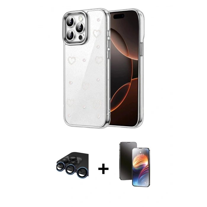 MARSİLYAN™- iPhone 15 Pro Kılıf Yörünge Form - Siyah 3D Antistatik Mat Seramik Nano Ekran Koruyucu + Raze Metal Kamera Lens - LT