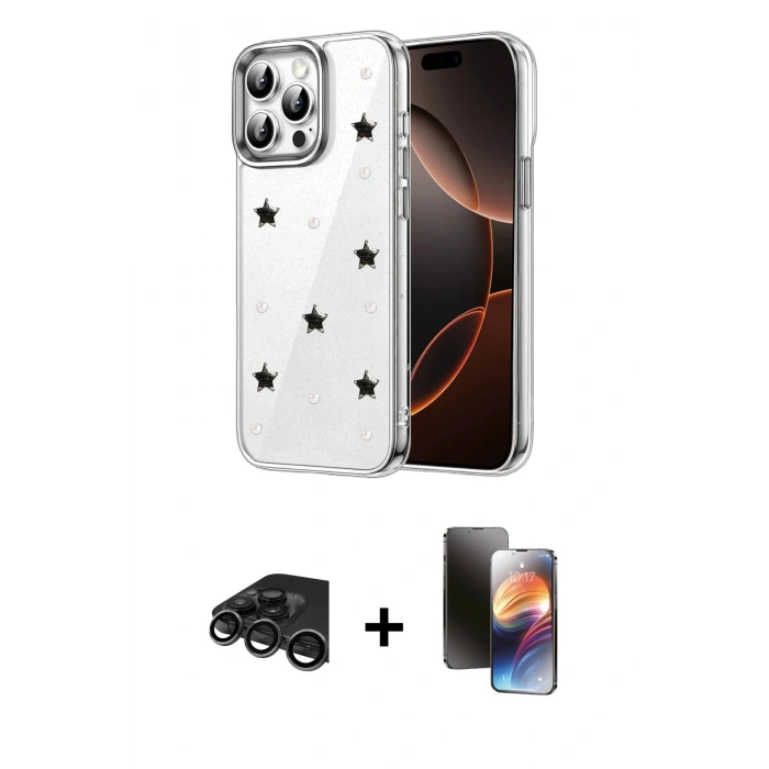 MARSİLYAN™- iPhone 15 Pro Kılıf Yörünge Form - Siyah 3D Antistatik Mat Seramik Nano Ekran Koruyucu + Raze Metal Kamera Lens - TMGI