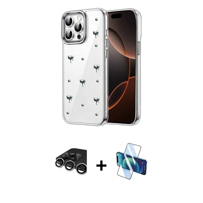 MARSİLYAN™- iPhone 15 Pro Kılıf Yörünge Form - Siyah 3D Antistatik Seramik Nano Ekran Koruyucu + Raze Metal Kamera Lens - GS