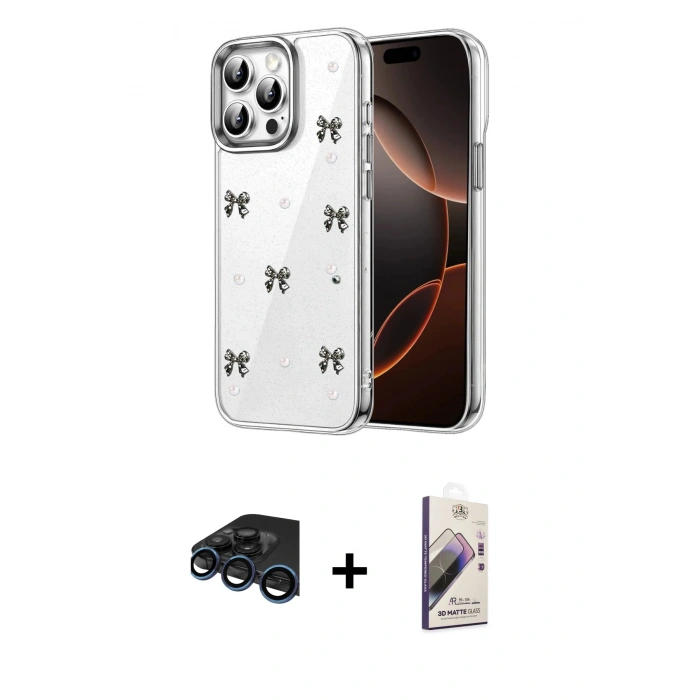 MARSİLYAN™- iPhone 15 Pro Kılıf Yörünge Form - Siyah Bilvis 3D Mat Cam Ekran Koruyucu + Raze Metal Kamera Lens - LT