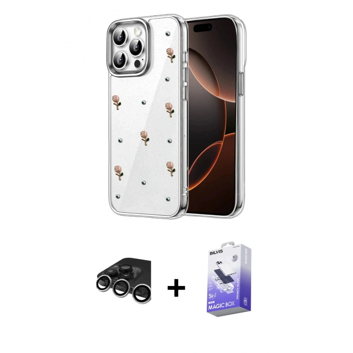 MARSİLYAN™- iPhone 15 Pro Kılıf Yörünge Form - Siyah Bilvis 5in1 5D Magic Hayalet Cam Ekran Koruyucu + Raze Metal Kamera Lens - GS
