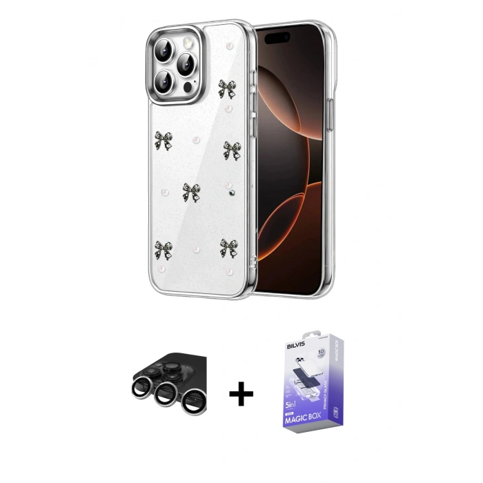 MARSİLYAN™- iPhone 15 Pro Kılıf Yörünge Form - Siyah Bilvis 5in1 5D Magic Hayalet Cam Ekran Koruyucu + Raze Metal Kamera Lens - GS