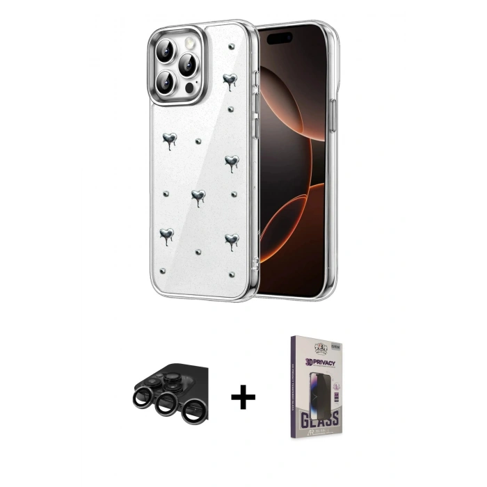 MARSİLYAN™- iPhone 15 Pro Kılıf Yörünge Form - Siyah Bilvis Hayalet Cam Ekran Koruyucu + Raze Metal Kamera Lens - TMGI