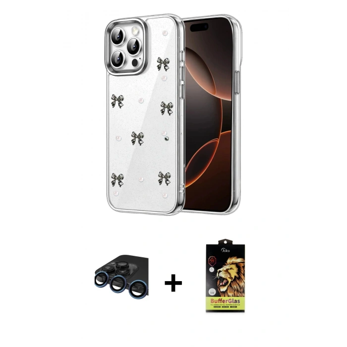 MARSİLYAN™- iPhone 15 Pro Kılıf Yörünge Form - Siyah Buffer Cam Ekran Koruyucu + Raze Metal Kamera Lens - LT