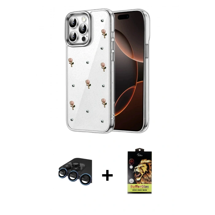 MARSİLYAN™- iPhone 15 Pro Kılıf Yörünge Form - Siyah Buffer Cam Ekran Koruyucu + Raze Metal Kamera Lens - LT
