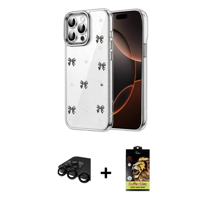 MARSİLYAN™- iPhone 15 Pro Kılıf Yörünge Form - Siyah Buffer Cam Ekran Koruyucu + Raze Metal Kamera Lens - SH
