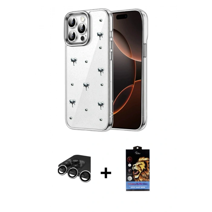 MARSİLYAN™- iPhone 15 Pro Kılıf Yörünge Form - Siyah Buffer Hayalet Cam Ekran Koruyucu + Raze Metal Kamera Lens - GS