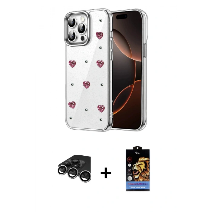 MARSİLYAN™- iPhone 15 Pro Kılıf Yörünge Form - Siyah Buffer Hayalet Cam Ekran Koruyucu + Raze Metal Kamera Lens - GS